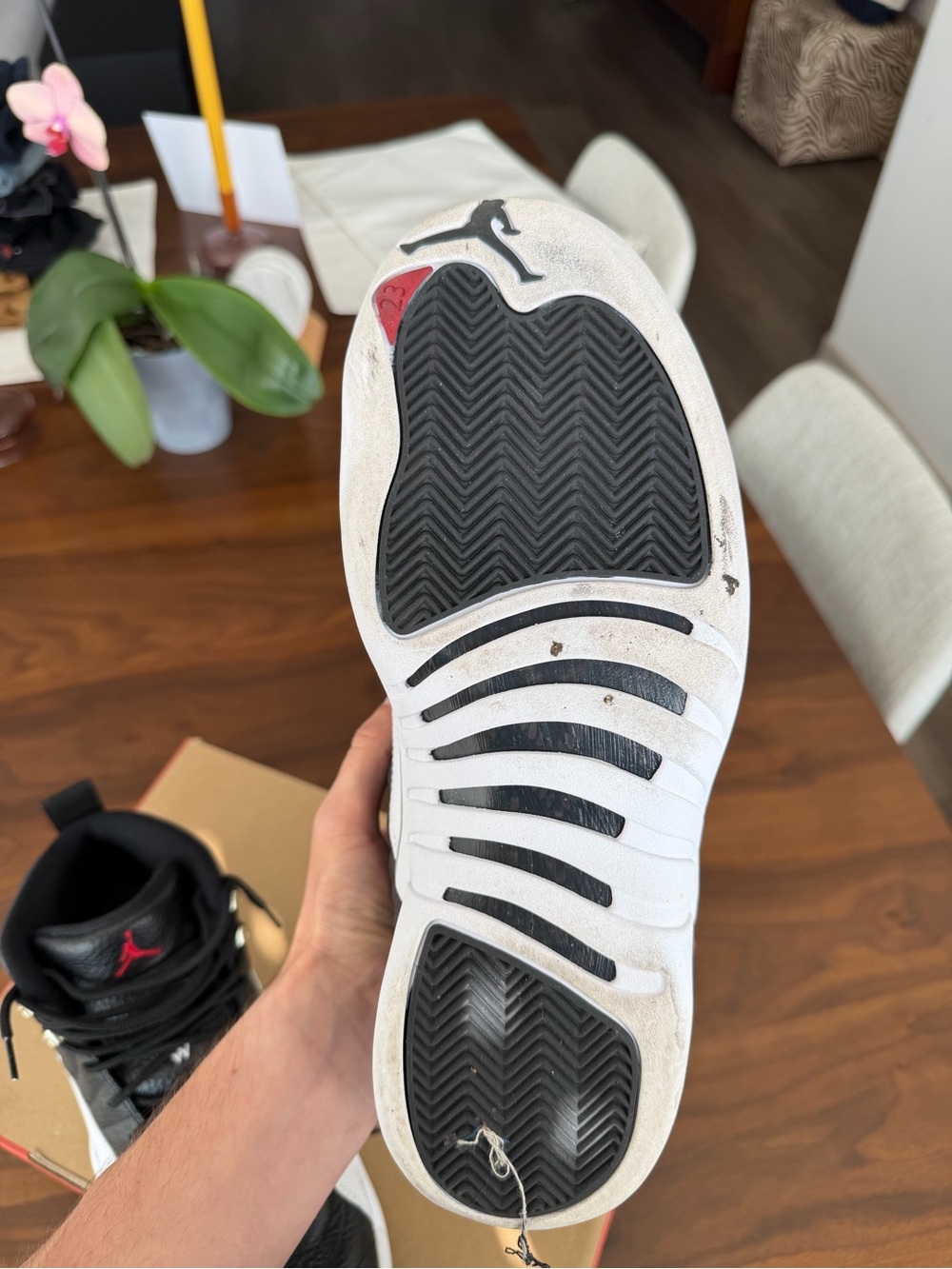 Jordan 12 Playoff  Black White Sneakers with Red Jumpman - Picture 4 of 4